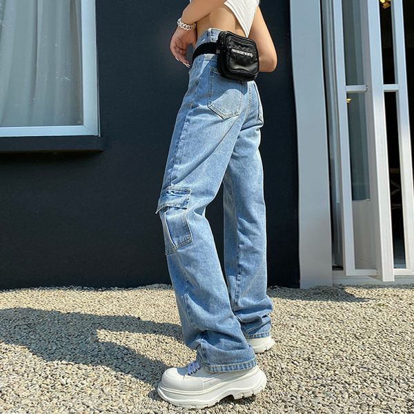 

2021 new pocket patchwork high waist jeans loose straight tube mopping thin wide leg tooling pants women tide 100% cotton b12i, Blue