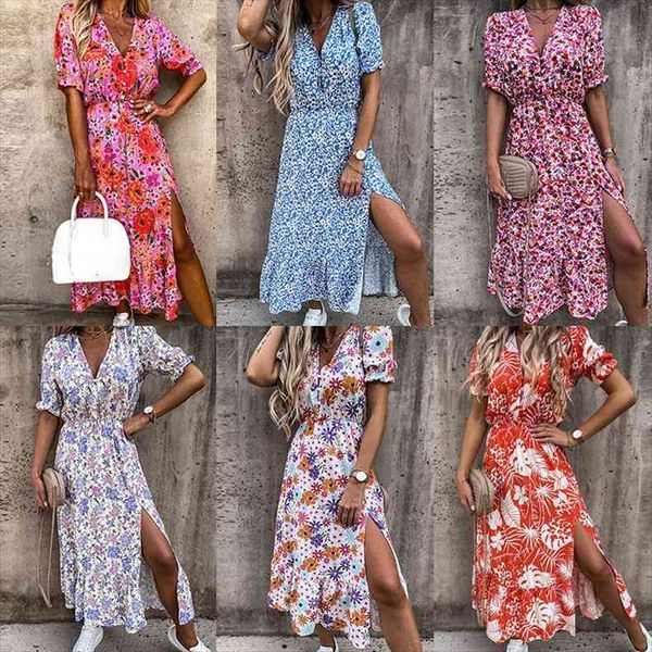 

summer v neck button split women dresses long elegant gorgeous floral party spring short sleeve a line maxi, Black;gray
