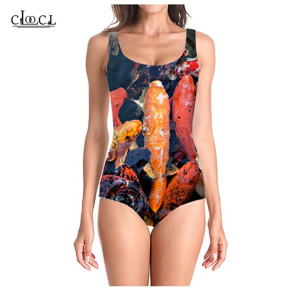 

cloocl summer animal fish koi 3d printed women sleeveless swimsuit casual fashion swimsuits beach one piece swimwear, White;black
