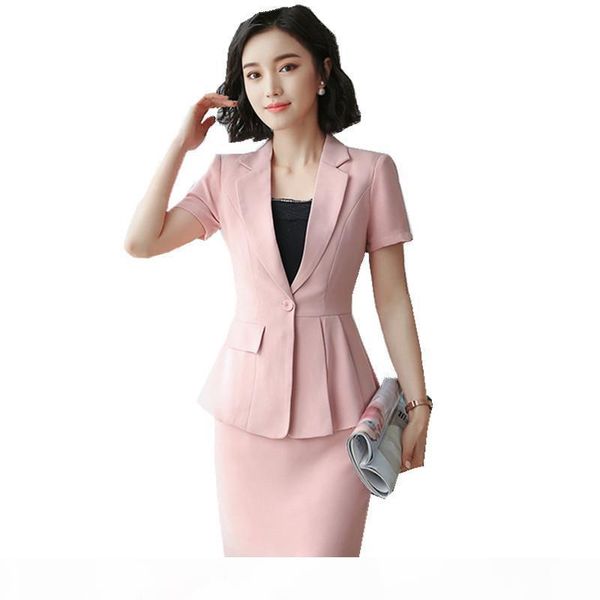 

women business suits skirt suits 2 pieces short sleeve jacket +skirt summer work career ladies suit hpz-sy-6852tq, White;black