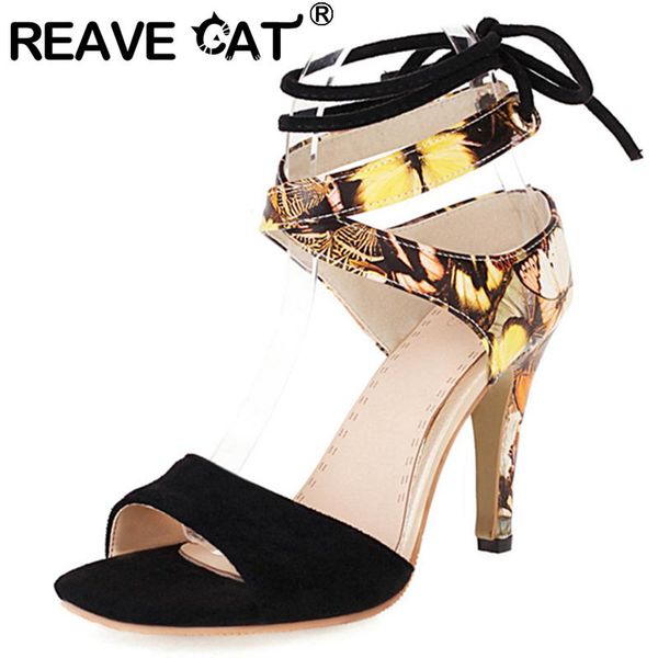 

sandals reave cat 2021 women open toe 9cm high thin heels nubuck patchwork lace-up stylish big size 34-44 casual a3710, Black