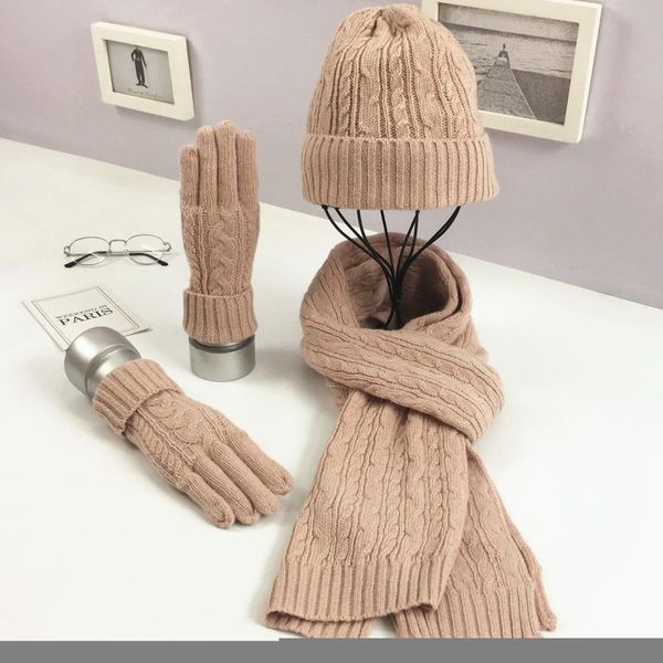 

hats, scarves & gloves sets 2021 women winter knitted hat scarf glove set fashion twist stripes cap gorros bonnet thick wool female, Blue;gray