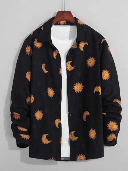 

men 1pc sun & moon print shirt y1dy#, White;black