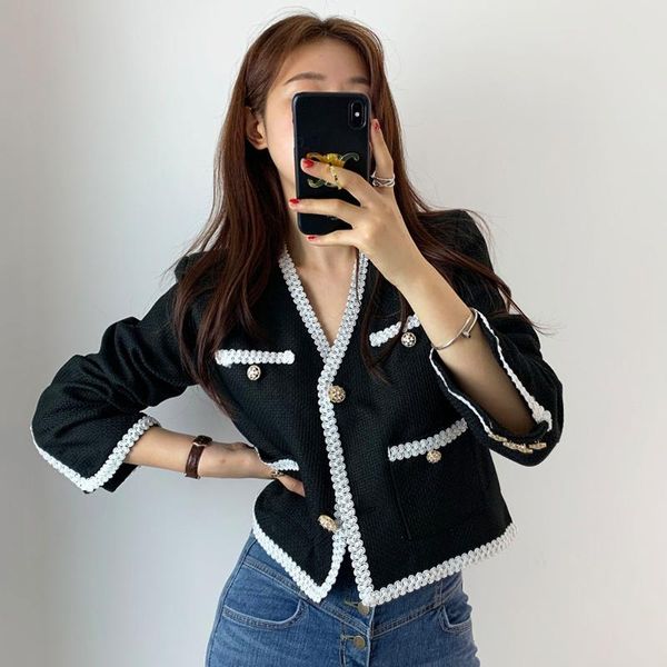 

korean style autumn winter short coat white blackl long sleeve single breasted slim minimalist jacket casual outerwear elegant, Black;brown