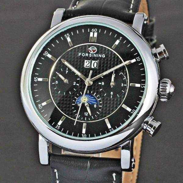 

refining moon phase mechanical watches leather band men fire black golden automatic watch, Slivery;brown