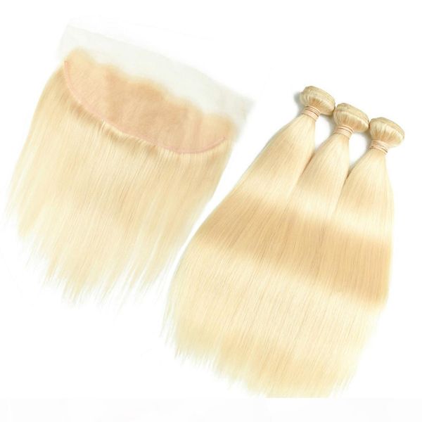 

blonde peruvian human hair straight bundles deals 3pcs with frontal closure #613 bleach blonde weave bundles with full lace closure 13x4, Black;brown