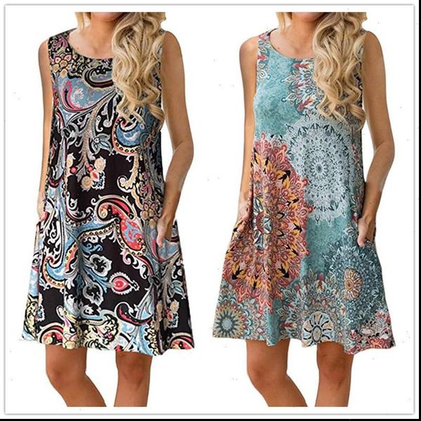 

summer beach dress 2021 women sleeveless boho print dress casual o neck pockets a line loose dress plus size 2xl vestidos, Black;gray