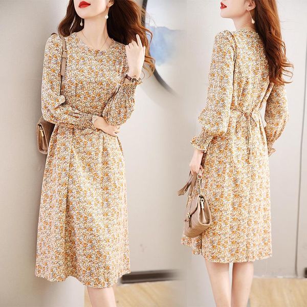 

casual dresses 2021 autumn french style grandiflorum temperament slim in the long knee chiffon dress women, Black;gray