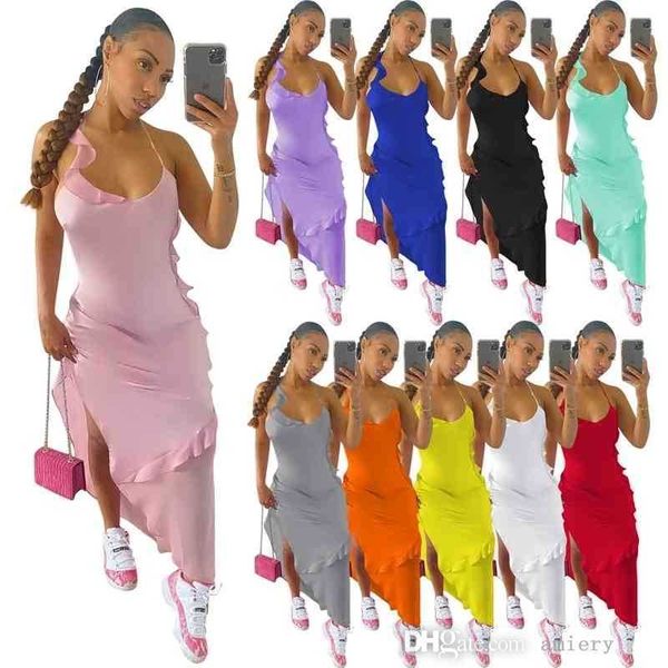 Sexy Frauen Plus Größe Kleider Designer Einfarbig Rüschen Plissee Casual Lange Hosenträger Kleid Zehn Farben S-XXL