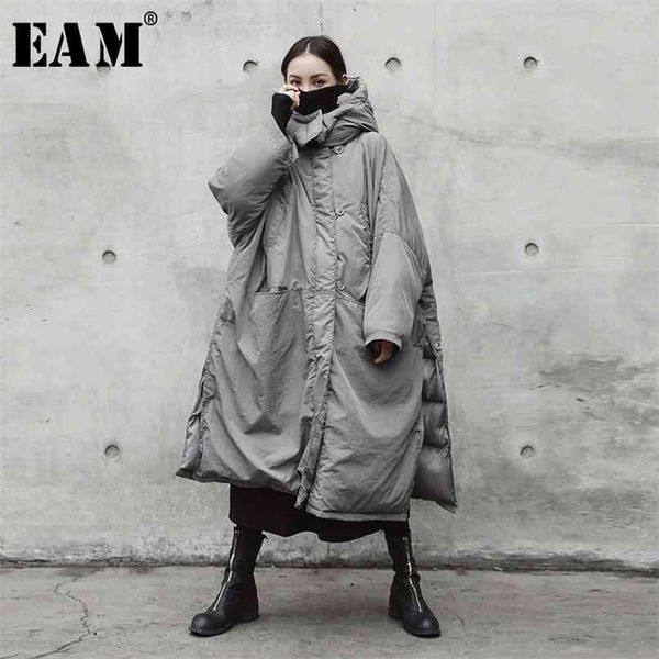 

[eam] hooded cotton-padded gray oversize long warm coat long sleeve loose fit women parkas fashion spring autumn je02002 210918, Black