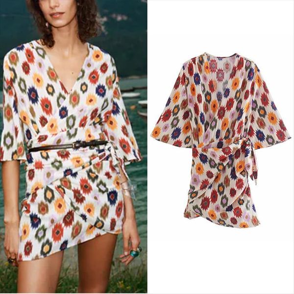 

za summer mini bow women dress v neck dot printed flare sleeve dresses lady party elegant girls causal outfits, Black;gray