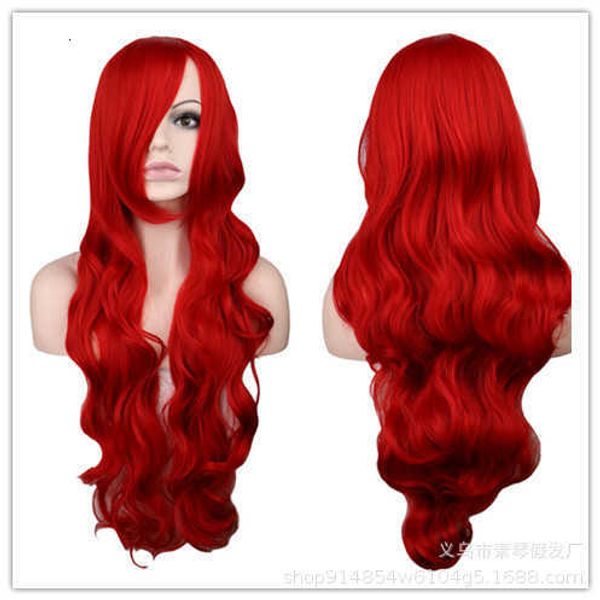 

mermaid animation cosplay crimson long curly hair cos wig, Black