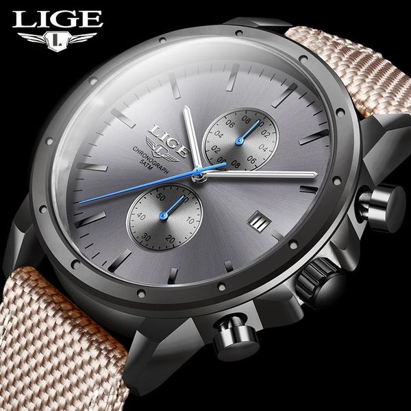 

wristwatches lige watch men analog nylon strap sport watches army military male date quartz clock relogio masculino, Slivery;brown