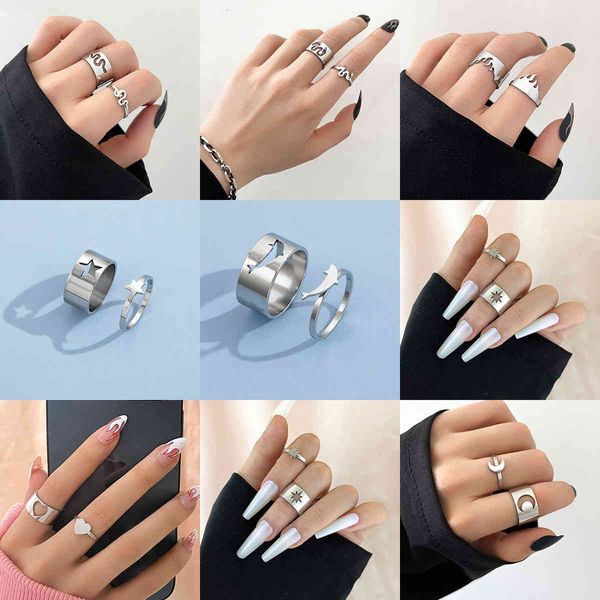 

love ring aprilwell 2 pcs star matching set for women metal silver color aesthetic 2021 animals hip hop punk anillos fashion jewelry, Slivery;golden