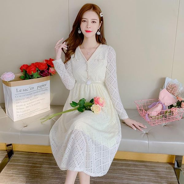 

coigarsam full sleeve women spring lace solid add wool upset high waist hollow out v-neck dresses black dress belt 8280, Black;gray