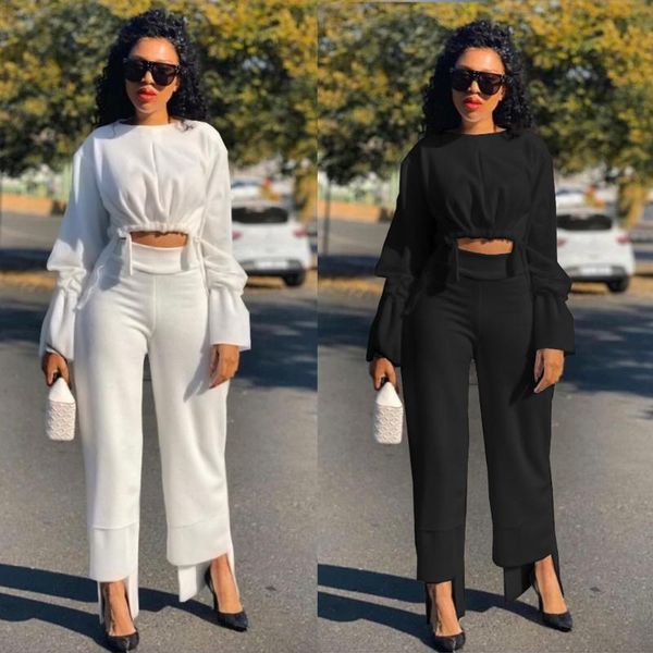 

women's two piece pants plsw two-pieces leisure home solid long sleeve shirring irregular trousers design women set, White