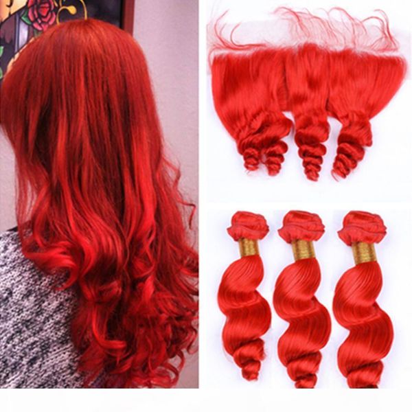 

bright red loose wave 3bundles virgin brazilian hair with frontal pure red human hair 13x4 lace frontal closure with weaves 4pcs lot, Black;brown