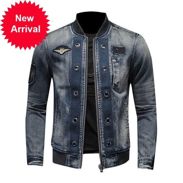 

autumn european style stand collar patch bomber pilot blue denim jacket men jeans coats slim motorcycle casual outwear clothing, Black;brown
