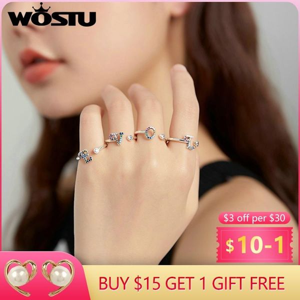 

cluster rings wostu authentic 925 sterling silver colorful letters open adjustable cz finger for women fine female jewelry bkr723, Golden;silver
