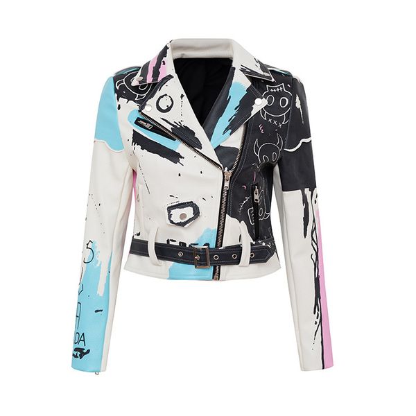 

womens jackets rivet motorcycle jacket pu leather women black white blue graffiti colorful print biker coats punk streetwear, Black;brown