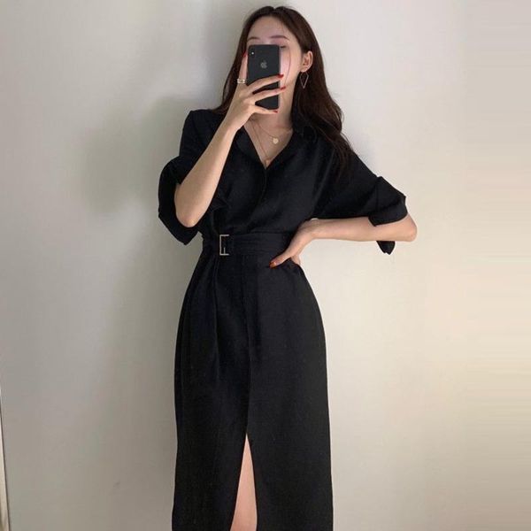 

casual dresses hzirip all-match party dress split summer elegance loose lady from office casual prom chic femme long es pg4f, Black;gray