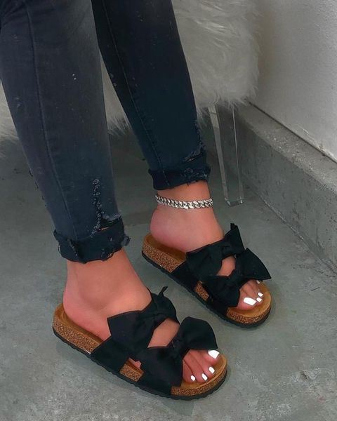 

2021 women sandals shoes summer flat sandals bow-knot comfort anti-slip beach shoes platform slide plus size femmes sandales, Black