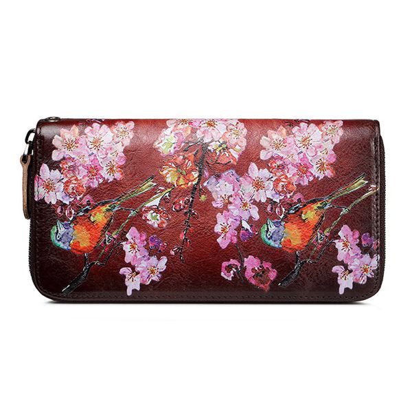 

women leather purse colorful flower large genuine leather wallet clutch female handy wristlet phone pouch bag lady, Red;black
