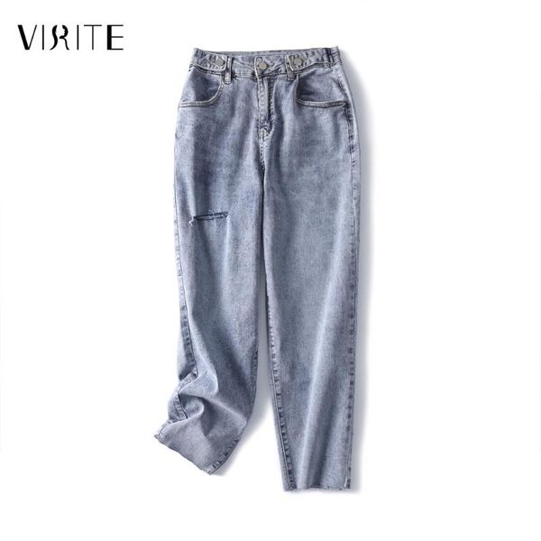 

women's jeans virite women ripped hole spring autumn vintage high waist ankle length denim pants mom fit femme, Blue