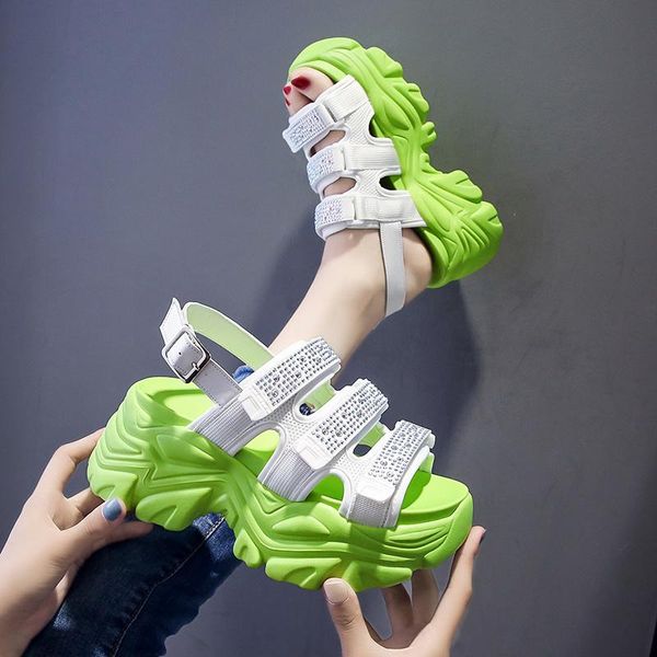 

dress shoes bling crystal chunky platform sandals women 2021 thick bottom wedges heels woman back strap white sport sandalias, Black