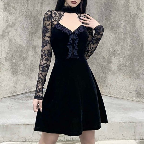 

2021insgoth vintage hollow out black gothic velvet high waist mini ladies elegant ruffle party night autumn dress, Black;gray