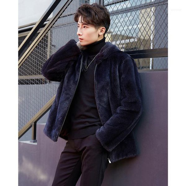 

winter mink coat men's whole with a hat to trim the haining fur one men jacket1, Black