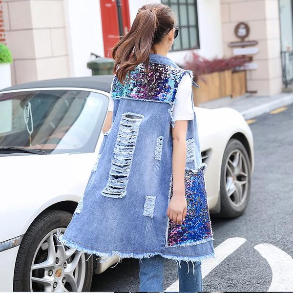 

women's vests 2021 summer fashion sequins hole ripped vintage cowboy vest long loose denim jacket sleeveless coat plus size s-xxxl yxr6, Black;white