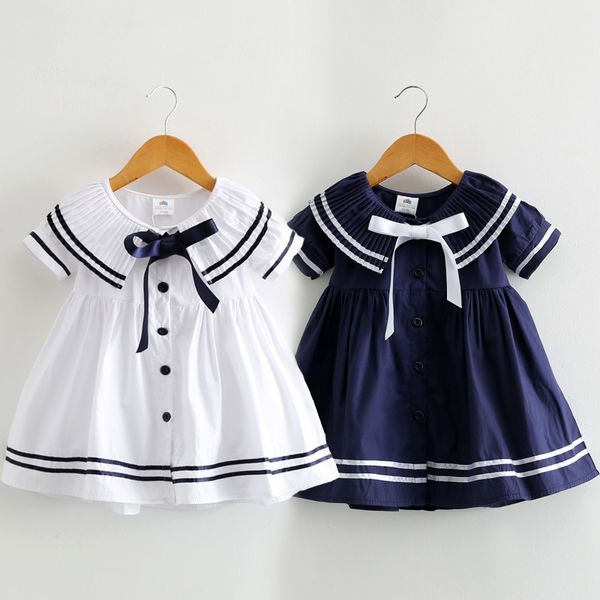 Yaz 2 3 4 6 8 10 T Yıl Çocuk Sevimli Kısa Kollu Botton Yay Sailor Yaka Patchwork Küçük Çocuklar Donanma Mavi Kızlar Elbise 210303