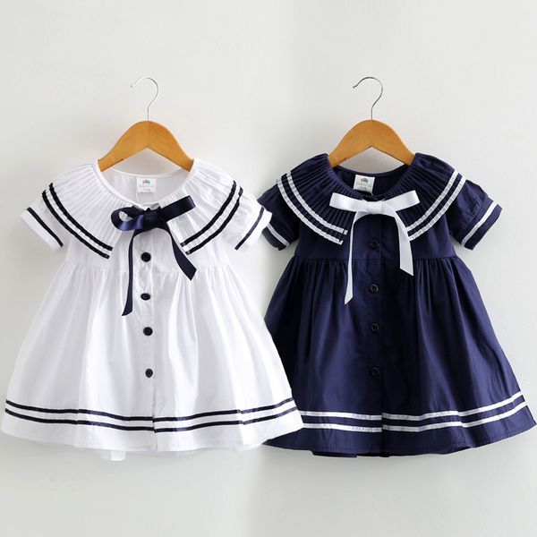 Estate 2 3 4 6 8 10T Anni Bambini Carino Manica corta Botton Bow Colletto da marinaio Patchwork Little Kids Navy Blue Girls Dress 210303