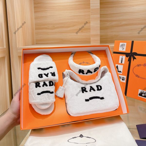 

5a+ designer fuzzy shoulder bag + slippers + headband 3 pcs set winter hobo women fluffy handbag womens furry handbags totes hobos purses