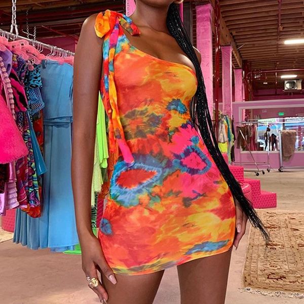 

casual dresses 2021 tie dye women bodycon dress one shoulder bandage fashion party mini sleeveless skinny print, Black;gray