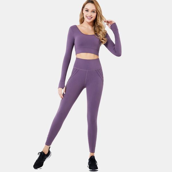 

yoga outfits seamless set fitness sports suits knitted hip elastic gym clothing long sleeve shirts high waist workout pants1, White;red