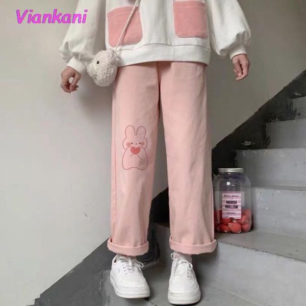 

women's pants & capris kawaii women korean fashion autumn 2021 cartoon wide leg pant pink high waist cute loose casual trousers bottoms, Black;white