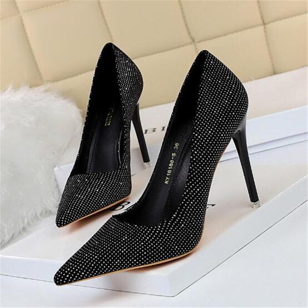 

dress shoes glitter bling slip on pumps women luxury high heels fashion shallow pointed toe slides big size zapatos mujer black