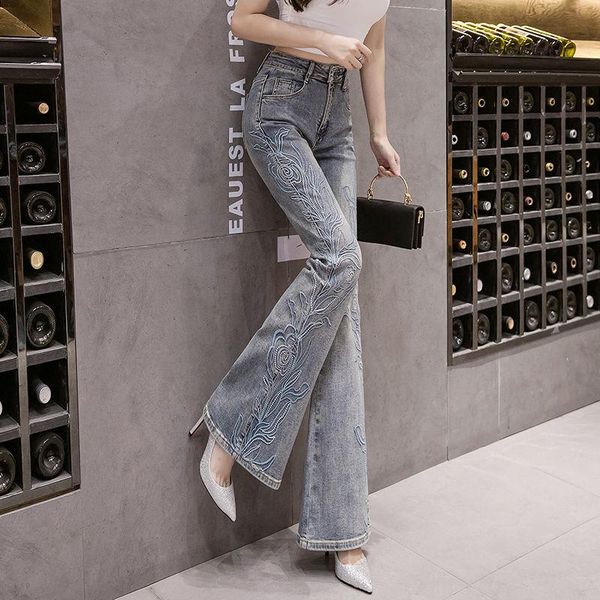 

women's jeans 2021 spring women casual loose lady embroidery high waist denim pants trousers female plus size flared wide leg pant f978, Blue