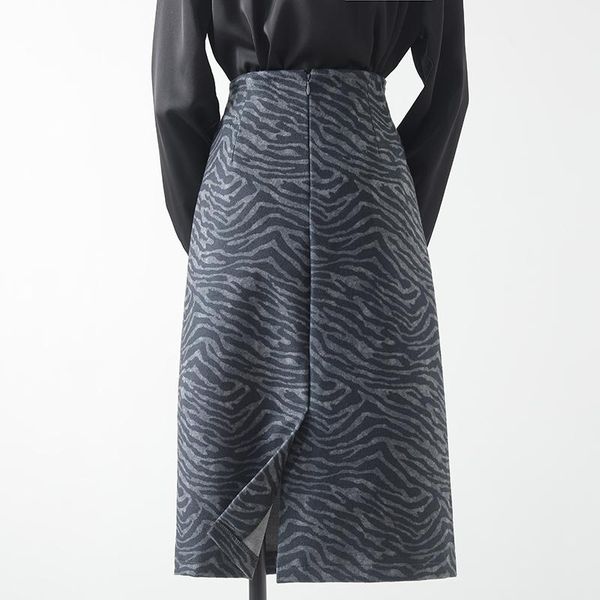 

skirts high waist wool striped women straight knee-length office lady elegant all match clothing quality, Black