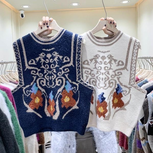 

women's sweaters vintage o-neck knitted vest sweater women jacquard sleeveless pullover casual loose female oversized, White;black