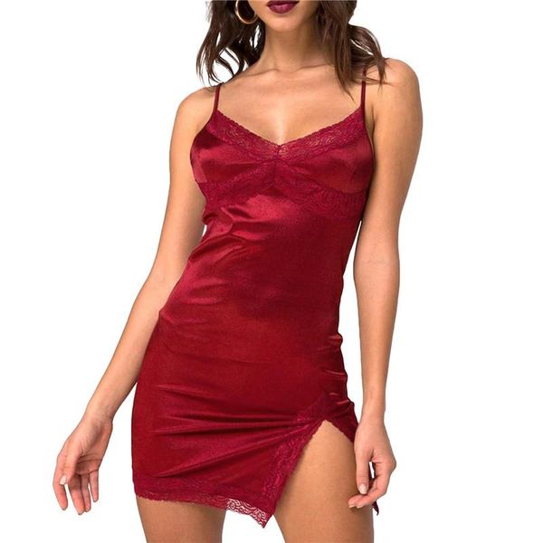 

women's sleepwear women lace silk nightdress, sleeveless backless low cut short slip dress for summer, housedress, Black;red