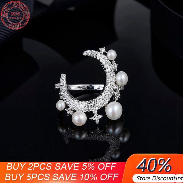 

cluster rings s925 sterling silver star and moon pearl ring female personality light luxury fashion temperament brand monaco jewelry, Golden;silver