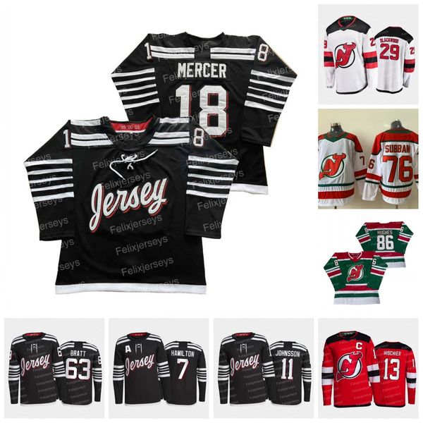 

new jersey devils 2021-22 black jersey dawson mercer jack hughes dougie hamilton nico hischier jesper bratt andreas johnsson pavel zacha rya, Black;red