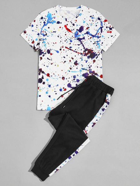 

men paint splatter pattern tee with drawstring joggers a4cm#, Gray