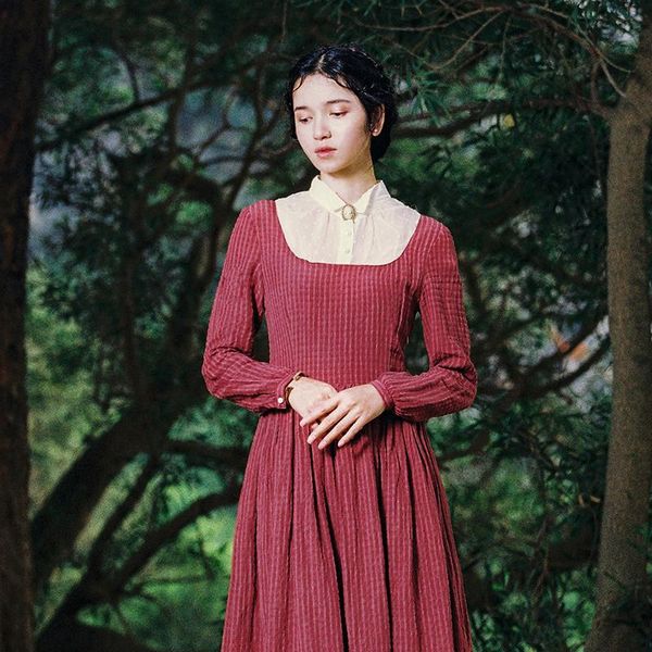 

casual dresses spring women vintage european court style slim stand collar long sleeve loose cotton linen mid-calf dress, Black;gray