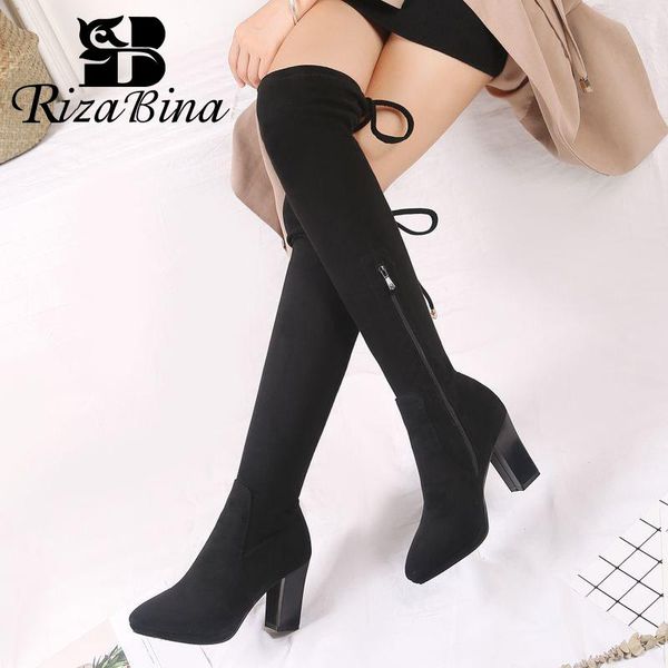 

boots rizabina women thigh high casual zipper lace up winter shoes pointed toe keep warm square heels size 31-43, Black