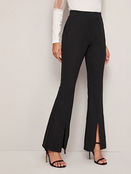 

high waist slit hem flare leg pants 61il#, Black;white