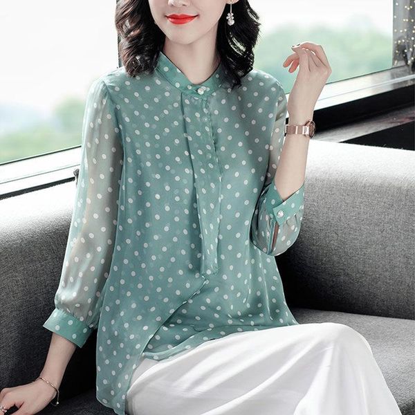 

women spring summer style chiffon blouses shirts lady casual long sleeve polka dot printed chiffon blusas df3720, White